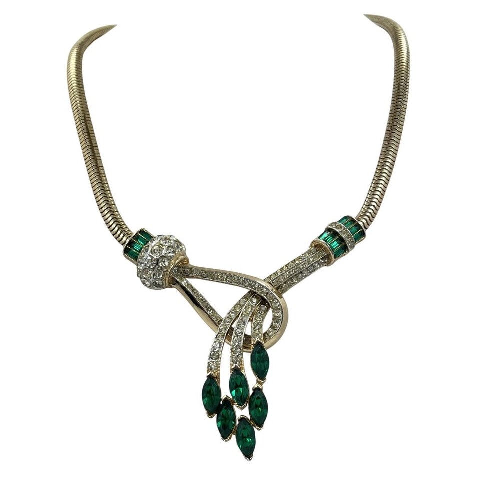 Vintage Signed Coro Emerald Rhinestone Spray Necklace Choker Mid Century Jewelry - Picture 2 of 10